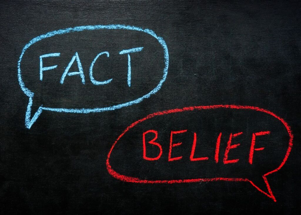 Chalkboard with two speech bubbles scrawled on it, one of which says "Fact" and the other which says "Belief"