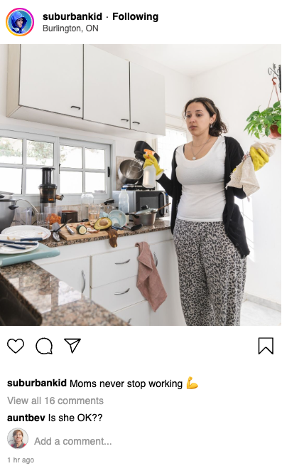 Fake Instagram post showing a mother trying to clean up a very messy kitchen, with comments from a concerned aunt underneath