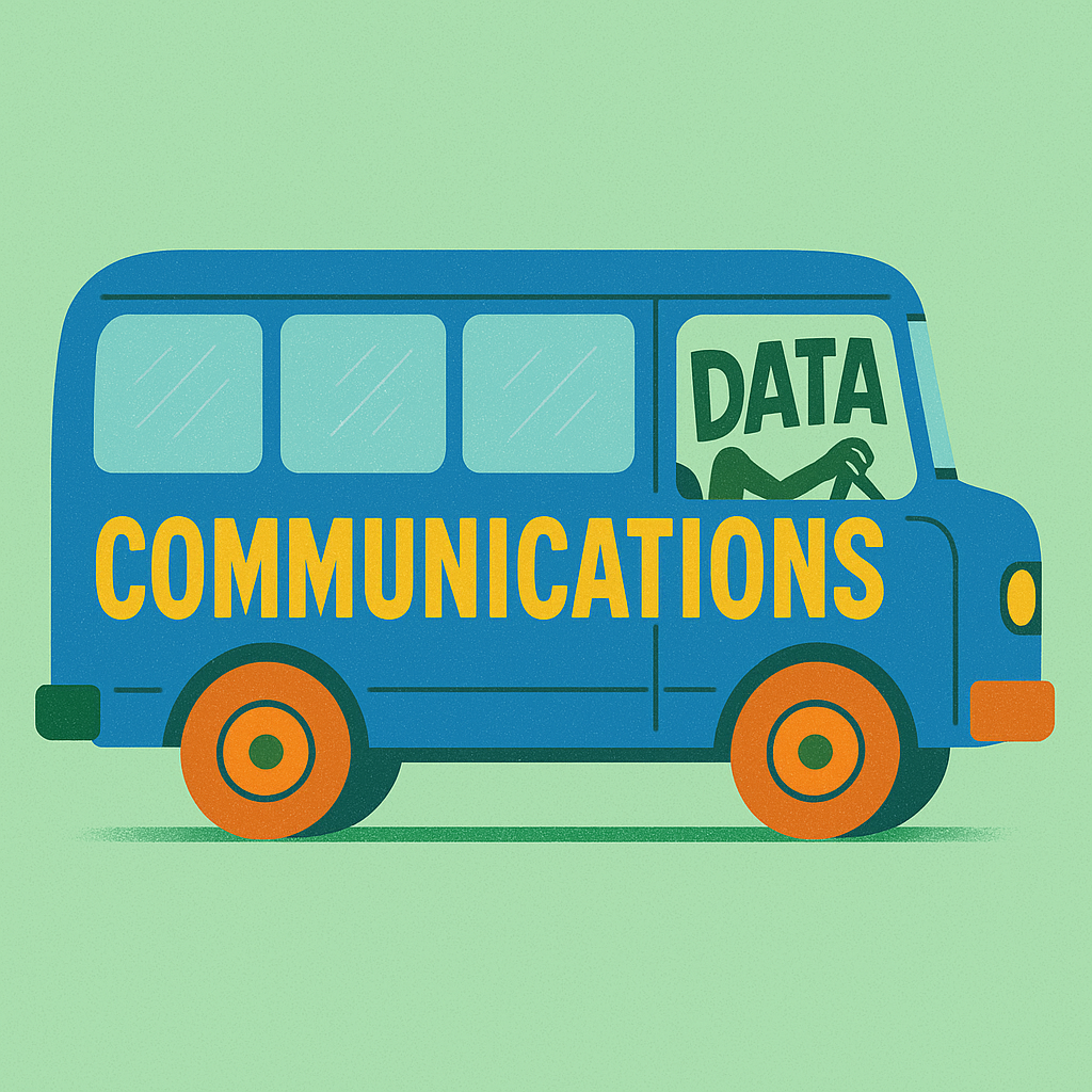 A bus with the word Communications on the side is being driven by the word Data