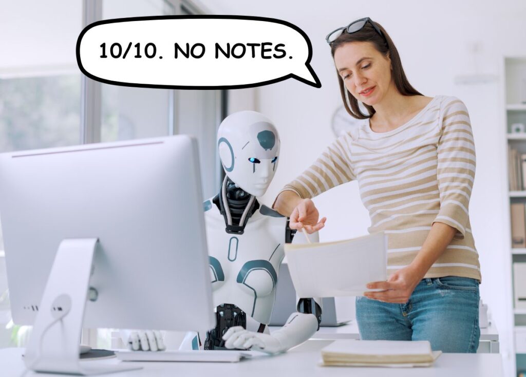 Woman giving positive feedback on a document to a robot seated at a computer.