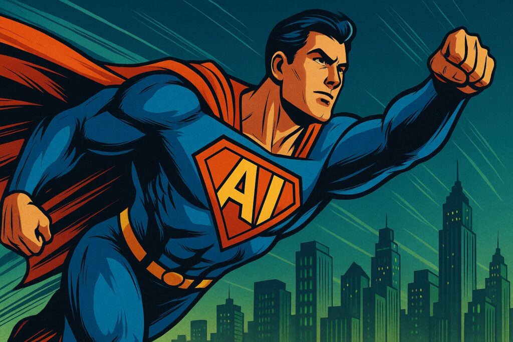 Superhero resembling Superman with AI in a crest on his chest, flying above a city skyline