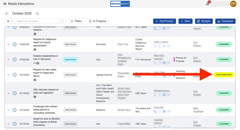 Broadsight Media Interactions panel showing an AutoTracker Draft entry.