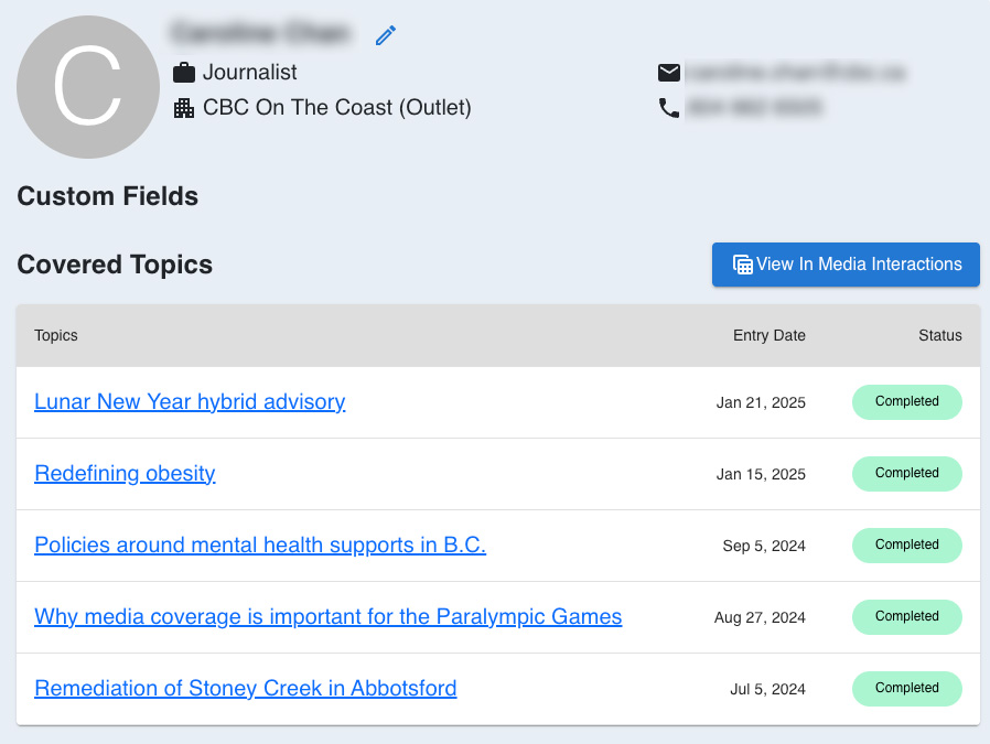 Journalist contact card in Broadsight.