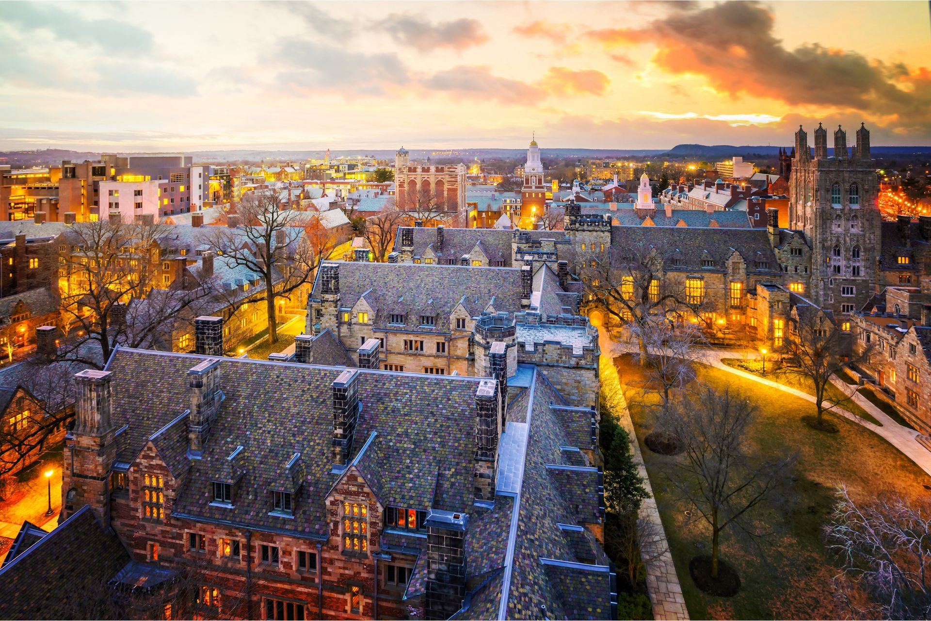 University campus in late fall twilight