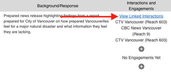 A red arrow points to the link on a Broadsight service entry that takes users to linked interactions