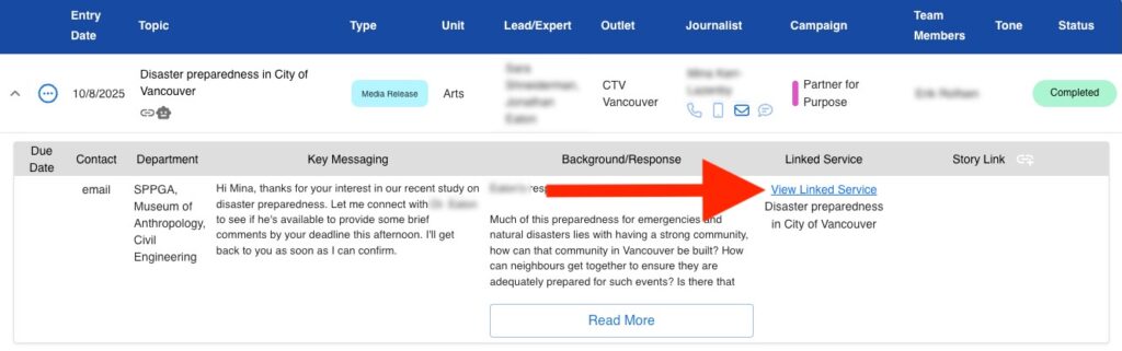 A typical media interaction in Broadsight, with a link to view the connected service.